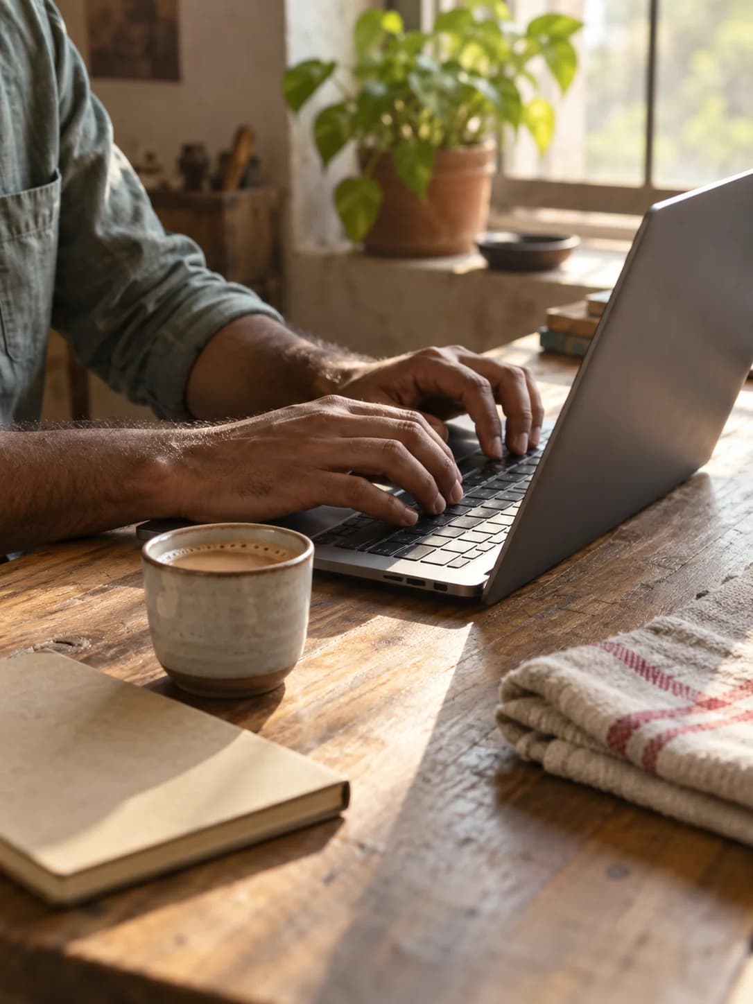 A builder’s desk with a laptop and a cup of chai