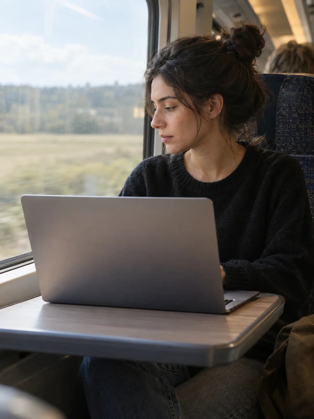 A developer working beside a train window